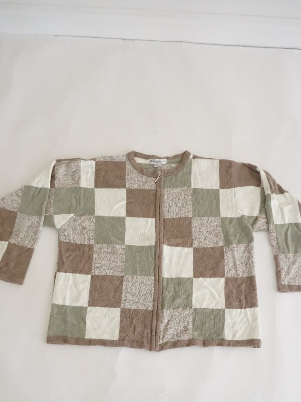 Vintage Dressbarn Taupe Sage Cream Patchwork Checkerboard Zip Cardigan 18/20
